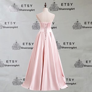 Elegant Blush Pink Strapless Satin Pearl Tulle Fold Pleated Split Up Long Formal Evening Dress Womens Prom Wedding Party Bridesmaid Dresses image 4