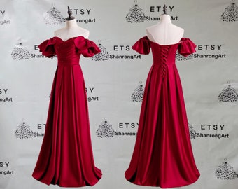 Off the Shoulder Red Satin Short Sleeve Pleated Fold New Custom Made Formal Evening Dress Women’s Prom Wedding Party Celebrity Dresses Gowns