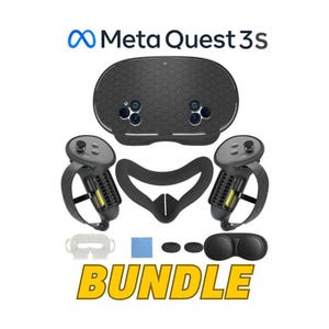 May include: A Meta Quest 3S bundle is displayed against a white background. The bundle includes a VR headset, two controllers, a facial interface, and other accessories. The word "BUNDLE" is written in yellow block letters.