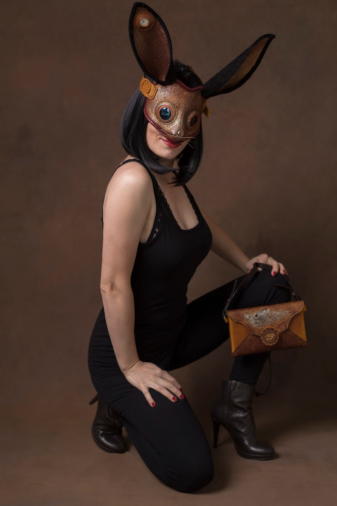 Steampunk Rabbit Mask and Purse, Halloween Outfit, Leather Mask and ...
