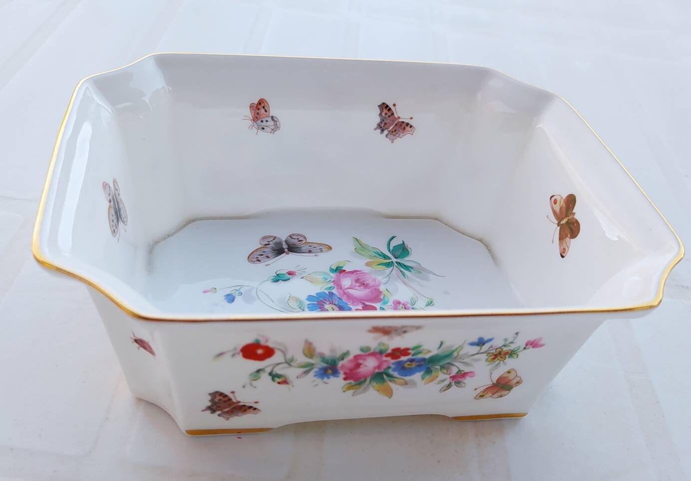 Bol Anglais de Sucreries Fines Porcelaine d'os, Faits à La Main avec Signature, Décor Maison, Cru Po