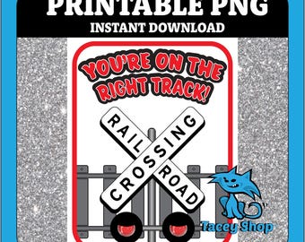 Train Kids Card Printable, Railroad Tracks and Crossing Signal, Card, Gift Tag, PNG Download