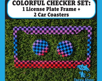 Checkerboard License Plate Frame & Car Coaster Set | Colorful Auto Decor