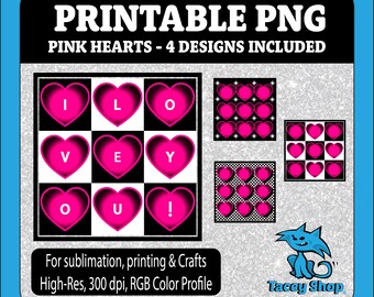 Pink Hearts PNG Set, I Love You Card Designs (Digital Download)