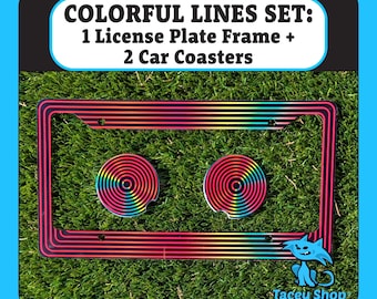 Colorful Lines Car Accessories Set: License Plate Frame + 2 Matching Ceramic Coasters