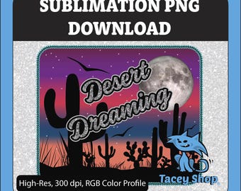 Atardecer en el desierto PNG: Diseño de sublimación de cactus del suroeste (descarga digital, uso comercial)