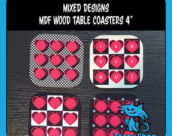 Pink Hearts Wood Table Coasters, Checkerboard Design, Set of 4