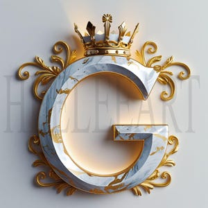May include: A gold-colored crown sits atop a white and gold marble letter G. The letter is surrounded by ornate gold scrollwork.