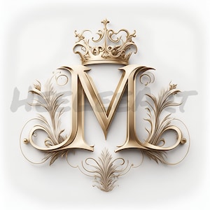 Letra M Golden Crown Alfabeto Monograma Iniciales en fondo blanco Descarga digital, Listo para imprimir Impresión de arte, AI Art, Stock Photo JPEG