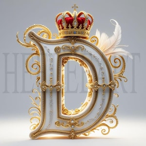 Monograma de la letra D dorada con corona: descarga digital de lujo, impresión artística elegante con la inicial del alfabeto real, foto de stock de decoración de pared imprimible