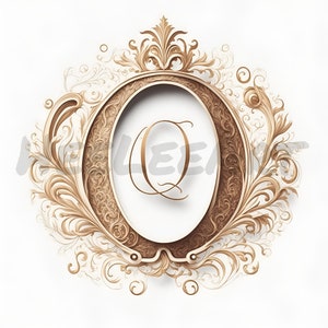 以下が含まれることがあります： 複雑な花の模様が施された金色の装飾的なフレームが、円形の「Q」の文字を囲んでいます。フレームは、ヴィンテージな美しさを持つ装飾的な要素です。