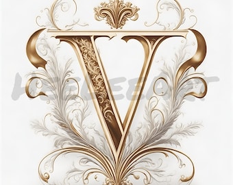 Letter V Golden Crown Alphabet Monogram Initials On White Background Digital Download, Ready to Print Art Print, AI Art, Stock Photo JPEG