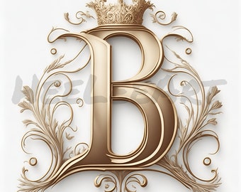 Letter B Golden Crown Alphabet Monogram Initials On White Background Digital Download, Ready to Print Art Print, AI Art, Stock Photo JPEG
