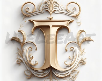 Letter T Golden Crown Alphabet Monogram Initials On White Background Digital Download, Ready to Print Art Print, AI Art, Stock Photo JPEG