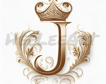 Letter J Golden Crown Alphabet Monogram Initials On White Background Digital Download, Ready to Print Art Print, AI Art, Stock Photo JPEG