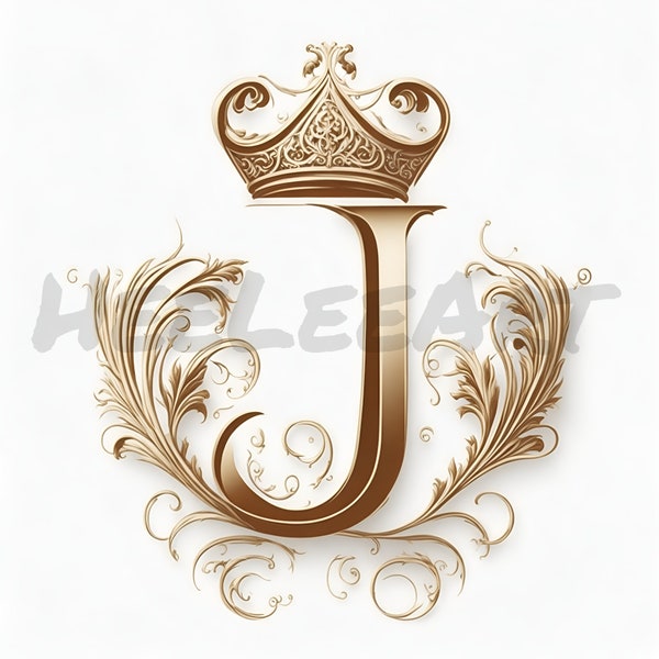 Letter J Golden Crown Alphabet Monogram Initials On White Background Digital Download, Ready to Print Art Print, AI Art, Stock Photo JPEG