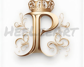 Letter P Golden Crown Alphabet Monogram Initials On White Background Digital Download, Ready to Print Art Print, AI Art, Stock Photo JPEG