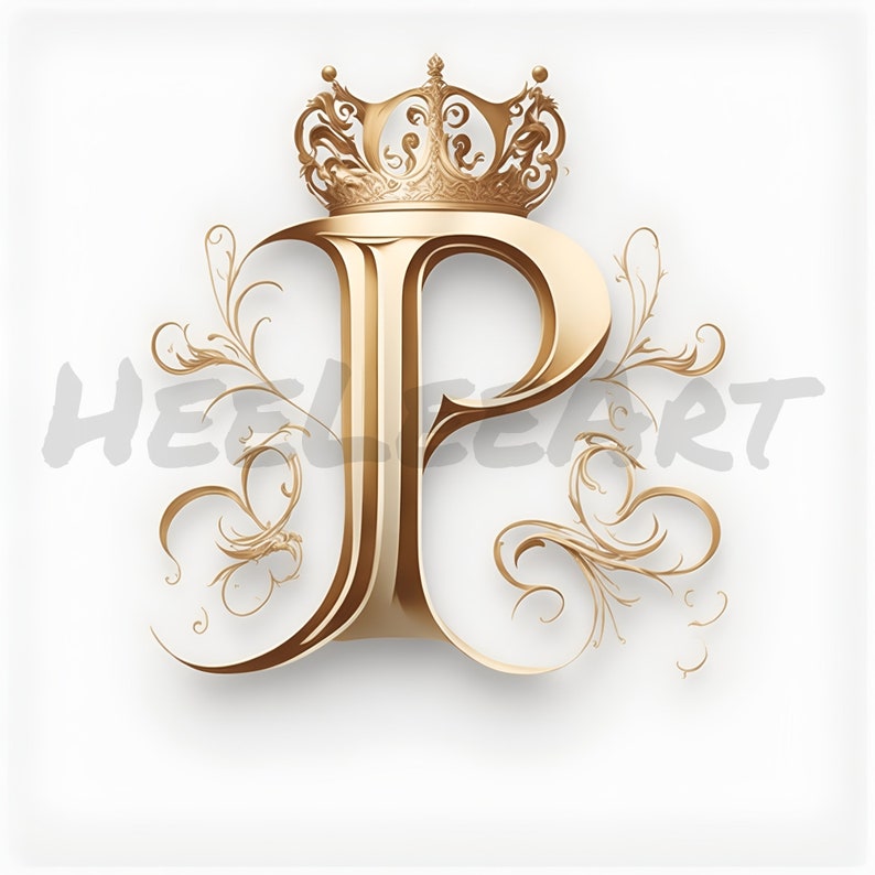 Letter P Golden Crown Alphabet Monogram Initials On White Background Digital Download, Ready to Print Art Print, AI Art, Stock Photo JPEG image 1