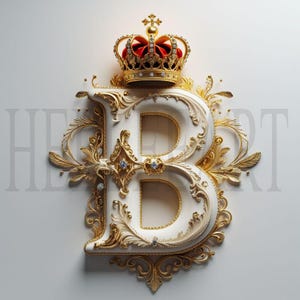 May include: A white letter B with gold ornate detailing and a crown on top. The crown is gold with red jewels and white gems.