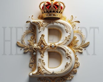 Goldener Buchstabe B Monogramm mit Krone - Luxus digitaler Download, königliches Alphabet erste elegante AI Kunstdruck, druckbare Wanddekor-Dekoration