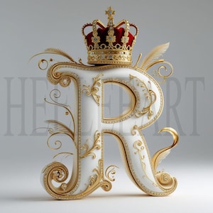 Monograma de la letra R dorada con corona: descarga digital de lujo, impresión artística elegante con la inicial del alfabeto real, foto de stock de decoración de pared imprimible
