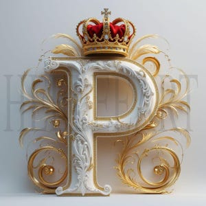 Monograma de la letra P dorada con corona: descarga digital de lujo, impresión artística elegante con la inicial del alfabeto real, foto de stock de decoración de pared imprimible