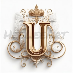 Letra U Iniciales del monograma del alfabeto de la corona dorada sobre fondo blanco Descarga digital, Listo para imprimir Impresión de arte, AI Art, Stock Photo JPEG