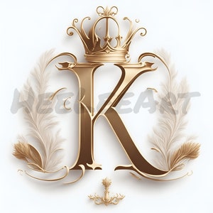 Iniciales del monograma del alfabeto de la corona dorada de la letra K sobre fondo blanco Descarga digital, Listo para imprimir Impresión de arte, AI Art, Stock Photo JPEG