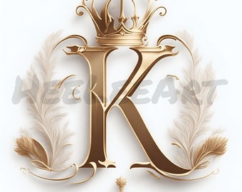 Letter K Golden Crown Alphabet Monogram Initials On White Background Digital Download, Ready to Print Art Print, AI Art, Stock Photo JPEG