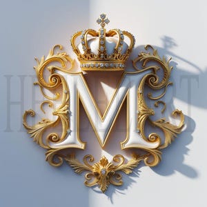 Monograma de la letra M dorada con corona: descarga digital de lujo, impresión artística elegante con la inicial del alfabeto real, foto de stock de decoración de pared imprimible