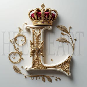 Monograma de la letra L dorada con corona: descarga digital de lujo, impresión artística elegante con la inicial del alfabeto real, foto de stock de decoración de pared imprimible