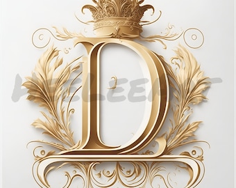 Letter D Golden Crown Alphabet Monogram Initials On White Background Digital Download, Ready to Print Art Print, AI Art, Stock Photo JPEG