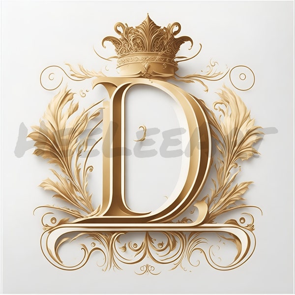 Letter D Golden Crown Alphabet Monogram Initials On White Background Digital Download, Ready to Print Art Print, AI Art, Stock Photo JPEG