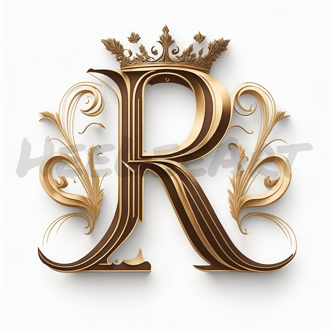 Letter R Golden Crown Alphabet Monogram Initials on White Background