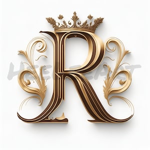 Letter R Golden Crown Alphabet Monogram Initials On White Background Digital Download, Ready to Print Art Print, AI Art, Stock Photo JPEG