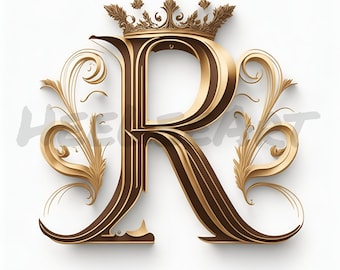 Buchstabe R Goldene Krone Alphabet Monogramm Initialen auf weißem Hintergrund digitaler Download, druckfertig Kunstdruck, AI Art, Stock Foto JPEG