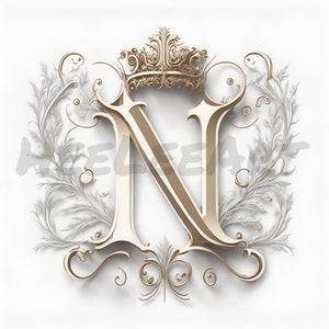 May include: A gold-colored letter N with ornate flourishes and a crown on top. The letter is surrounded by white, stylized floral designs.