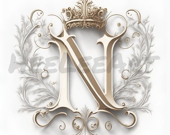 Letter N Golden Crown Alphabet Monogram Initials On White Background Digital Download, Ready to Print Art Print, AI Art, Stock Photo JPEG