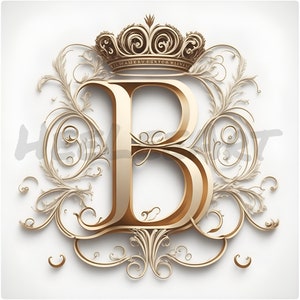 Letra B Iniciales del monograma del alfabeto de la corona dorada sobre fondo blanco Descarga digital, Listo para imprimir Impresión de arte, Arte AI, Foto de stock JPEG
