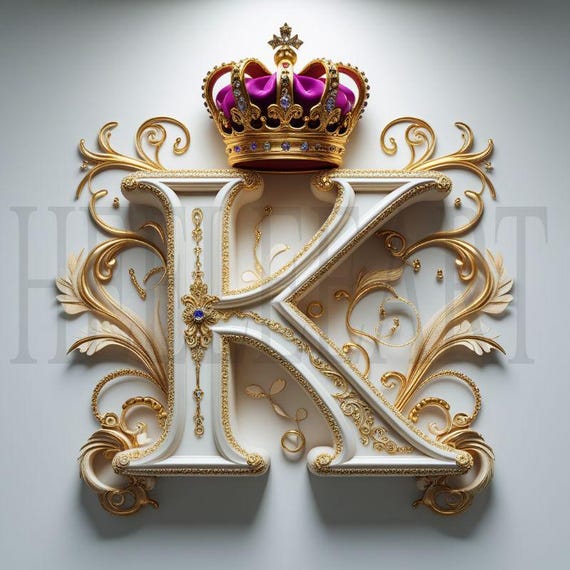 Golden Letter K Monogram with Crown – Luxury Digital Download, Royal Alphabet Initial Elegant AI Art Print, Printable Wall Decor Stock Photo