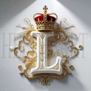Monograma de la letra L dorada con corona: descarga digital de lujo, impresión artística elegante con la inicial del alfabeto real, foto de stock de decoración de pared imprimible