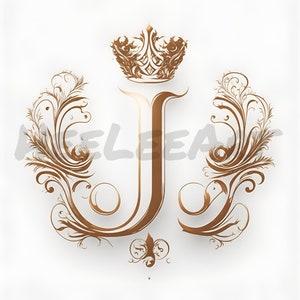 May include: A gold ornate crown sits above a large, stylized letter J. The letter is surrounded by intricate, swirling floral designs.