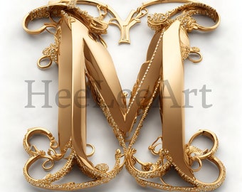 Letter M Platinum Golden Alphabet Monogram Initials On White Background Digital Download, 4 ft Ready to Print Art Print, AI Art, Stock Photo