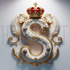 Monograma de la letra S dorada con corona: descarga digital de lujo, impresión artística elegante con la inicial del alfabeto real, foto de stock de decoración de pared imprimible