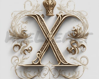 Letter X Golden Crown Alphabet Monogram Initials On White Background Digital Download, Ready to Print Art Print, AI Art, Stock Photo JPEG