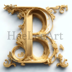 May include: A gold letter B with ornate, intricate details. The letter is surrounded by a decorative, floral design.