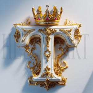 Monograma de la letra T dorada con corona: descarga digital de lujo, impresión artística elegante con la inicial del alfabeto real, foto de stock de decoración de pared imprimible