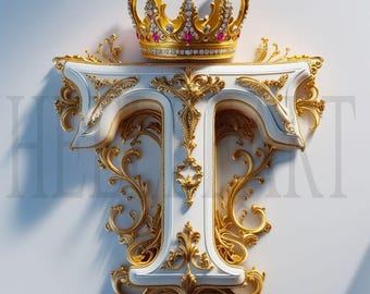 Goldenes Buchstabe T-Monogramm mit Krone - Luxus digitaler Download, königliches Alphabet zu Beginn eleganter AI-Kunstdruck, druckbares Wanddekor-Foto