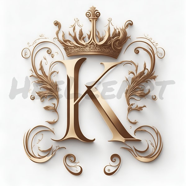 Letter K Golden Crown Alphabet Monogram Initials On White Background Digital Download, Ready to Print Art Print, AI Art, Stock Photo JPEG