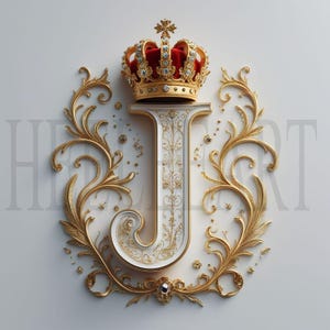 Monograma de la letra J dorada con corona: descarga digital de lujo, impresión artística elegante con la inicial del alfabeto real, foto de stock de decoración de pared imprimible